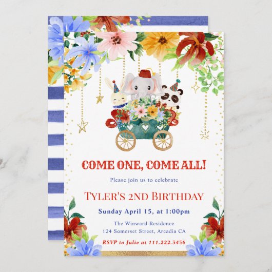 Waterverf Bloemen Circus Dieren Verjaardagsfeest Kaart (Voorkant / Achterkant)