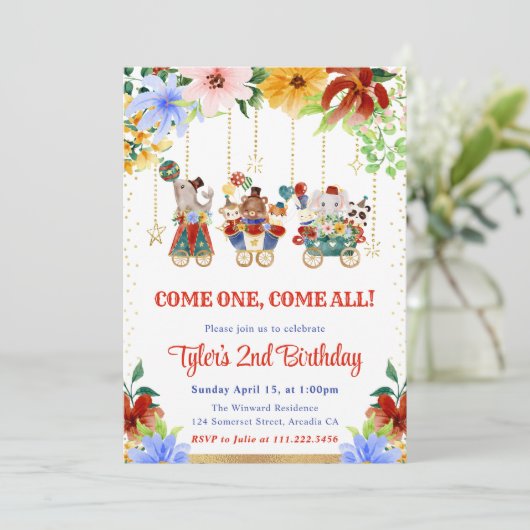Waterverf Bloemen Circus Dieren Verjaardagsfeest Kaart (Staand voorkant)