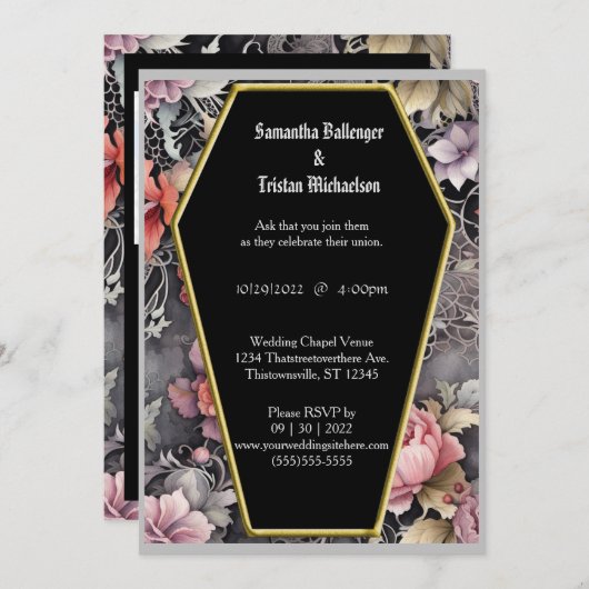 Waterverf Bloemen Coffin Shape Modern Gothic Bruil Kaart (Voorkant / Achterkant)