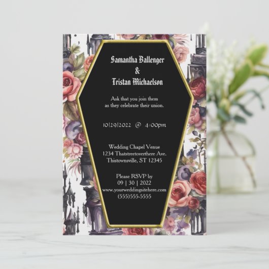Waterverf Bloemen Coffin Shape Modern Gothic Bruil Kaart (Staand voorkant)