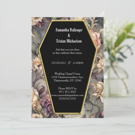 Waterverf Bloemen Coffin Shape Modern Gothic Bruil Kaart (Staand voorkant)