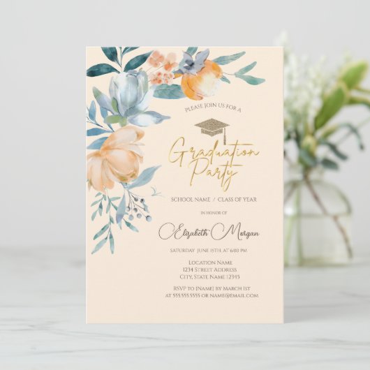 Waterverf Bloemen Cream Graduation Party Kaart (Staand voorkant)