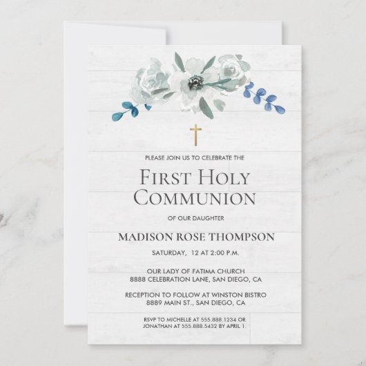 Waterverf Bloemen Cross Digitale 1e Communie Kaart (Voorkant)