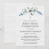 Waterverf Bloemen Cross Digitale 1e Communie Kaart (Voorkant / Achterkant)