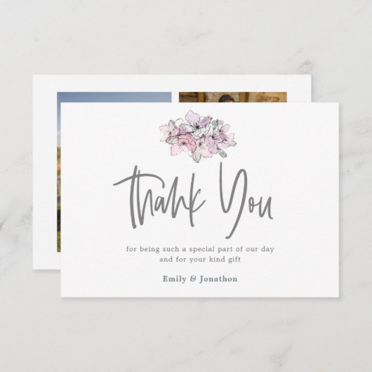 Waterverf Bloemen Dank u 3 Fotocollage Bedankkaart (Voorkant / Achterkant)