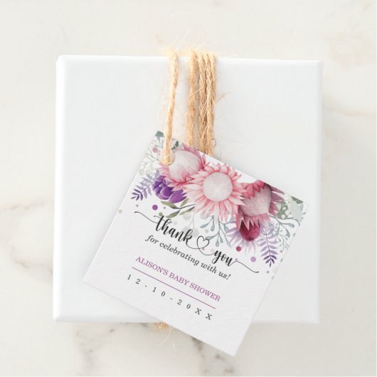 Waterverf Bloemen "Dank u" label voor Baby shower (In situ)