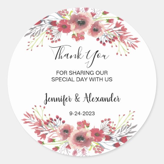 Waterverf bloemen Dank u rustieke bruiloft Ronde Sticker (Voorkant)