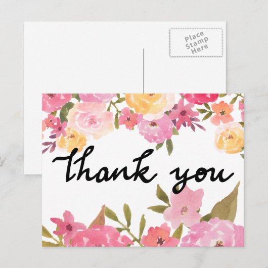 Waterverf Bloemen Dank U Trouwtypografie Briefkaart (Voorkant / Achterkant)
