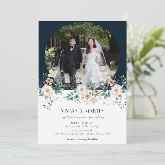 Waterverf Bloemen Diep In De Droom Foto Bruiloft Kaart (Staand voorkant)