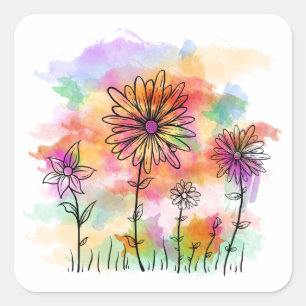 waterverf bloemen doedle vierkante sticker