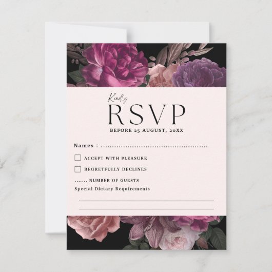 Waterverf Bloemen Donker Moody Romantische bruilof RSVP Kaartje (Voorkant)