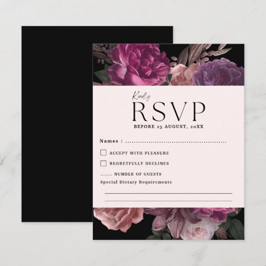 Waterverf Bloemen Donker Moody Romantische bruilof RSVP Kaartje (Voorkant / Achterkant)