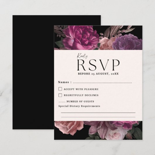 Waterverf Bloemen Donker Moody Romantische bruilof RSVP Kaartje (Voorkant / Achterkant)