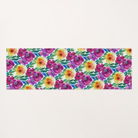 Waterverf Bloemen Donkerrood en Geel Yogamat (Achterkant (horizontaal))