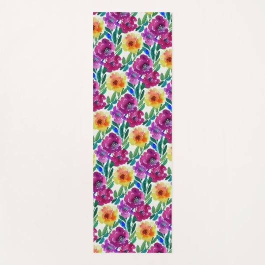 Waterverf Bloemen Donkerrood en Geel Yogamat (Voorkant)
