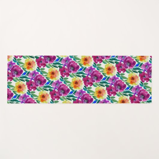 Waterverf Bloemen Donkerrood en Geel Yogamat (Voorkant (horizontaal))