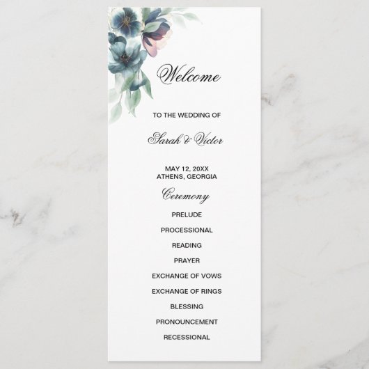 Waterverf bloemen dubbele kant programma kaart (Voorkant)