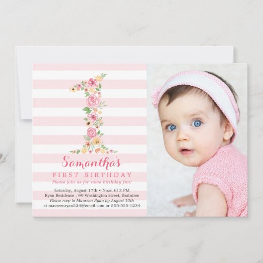 Waterverf Bloemen Een Eerste Verjaardag Met Foto Kaart (Voorkant)