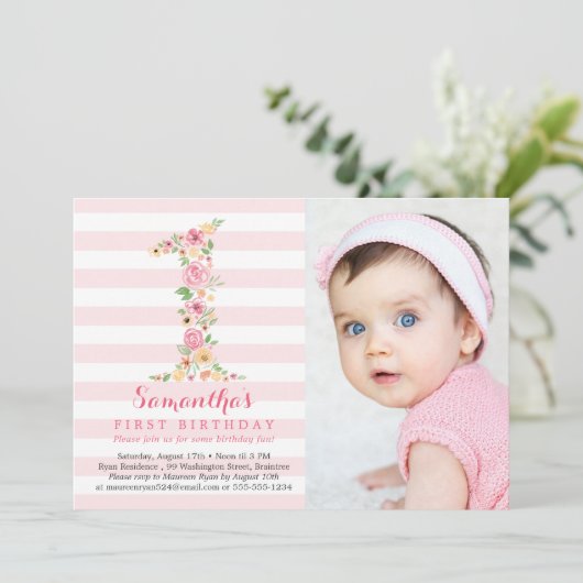 Waterverf Bloemen Een Eerste Verjaardag Met Foto Kaart (Staand voorkant)