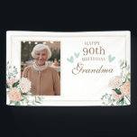 Waterverf bloemen Eén foto 90th Birthday Spandoek<br><div class="desc">Viel met deze wazige roze verjaardagsbanner. Pop in je favoriete foto en dat is alles wat er aan te pas komt. We nemen het van daar af!</div>