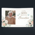 Waterverf bloemen Eén foto 90th Birthday Spandoek<br><div class="desc">Viel met deze wazige roze verjaardagsbanner. Pop in je favoriete foto en dat is alles wat er aan te pas komt. We nemen het van daar af!</div>
