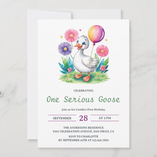Waterverf Bloemen Een serieuze Gans Eerste Verjaar Kaart (Voorkant)