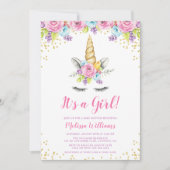 Waterverf Bloemen Eenhoorn Baby Douche Uitnodiging (Voorkant)