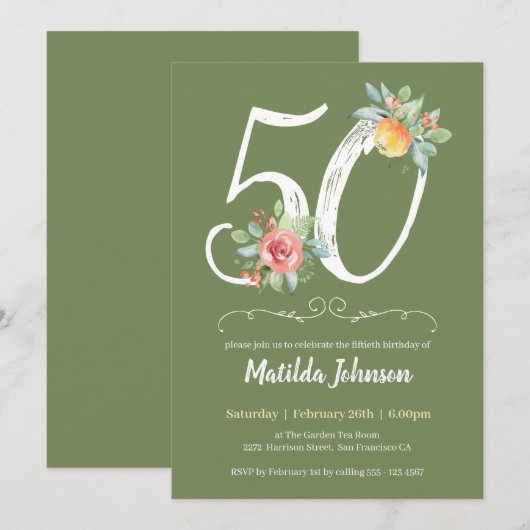 Waterverf Bloemen Eenvoudig 50ste Verjaardagsfeest Kaart (Voorkant / Achterkant)