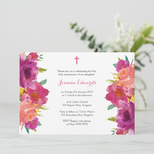 Waterverf Bloemen Eerste Communie Gepersonaliseerd Kaart (Staand voorkant)