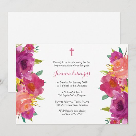 Waterverf Bloemen Eerste Communie Gepersonaliseerd Kaart (Voorkant / Achterkant)