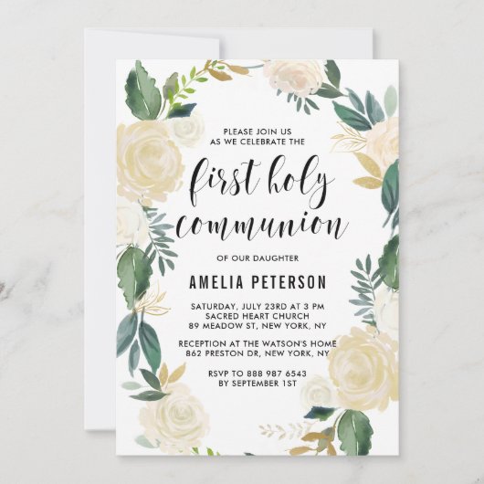 Waterverf bloemen Eerste Heilige Communie Glitter Kaart (Voorkant)