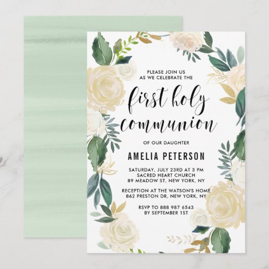 Waterverf bloemen Eerste Heilige Communie Glitter Kaart (Voorkant / Achterkant)