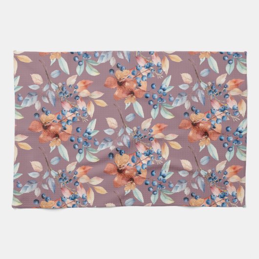 Waterverf bloemen en bessen op Mauve Theedoek (Horizontaal)