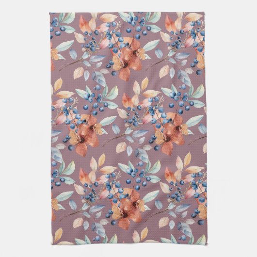 Waterverf bloemen en bessen op Mauve Theedoek (Verticaal)