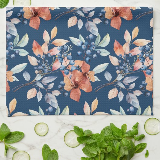 Waterverf bloemen en bessen op Navy Blue Theedoek (Gevouwen)