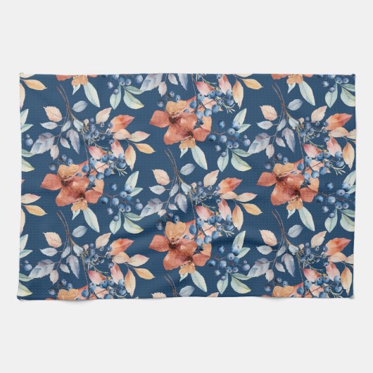 Waterverf bloemen en bessen op Navy Blue Theedoek (Horizontaal)