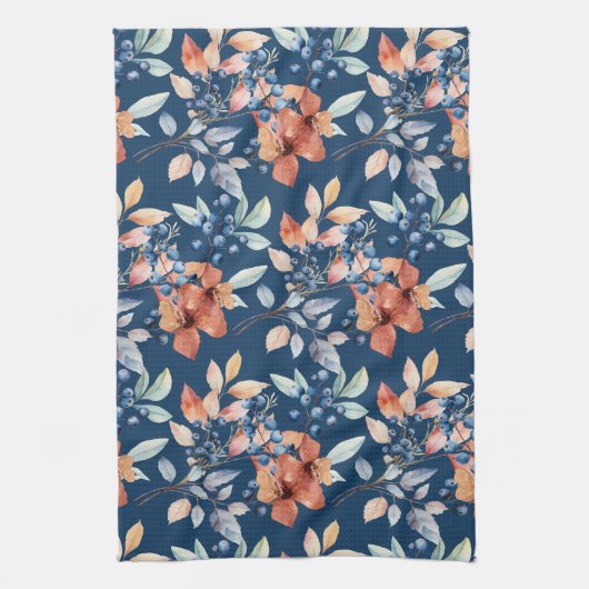 Waterverf bloemen en bessen op Navy Blue Theedoek (Verticaal)