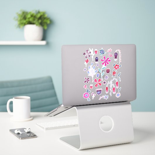 Waterverf bloemen en bloemen sticker (Laptop op bureau)