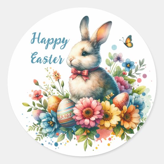 Waterverf Bloemen en Bunny Easter Ronde Sticker (Voorkant)