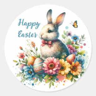 Waterverf Bloemen en Bunny Easter Ronde Sticker