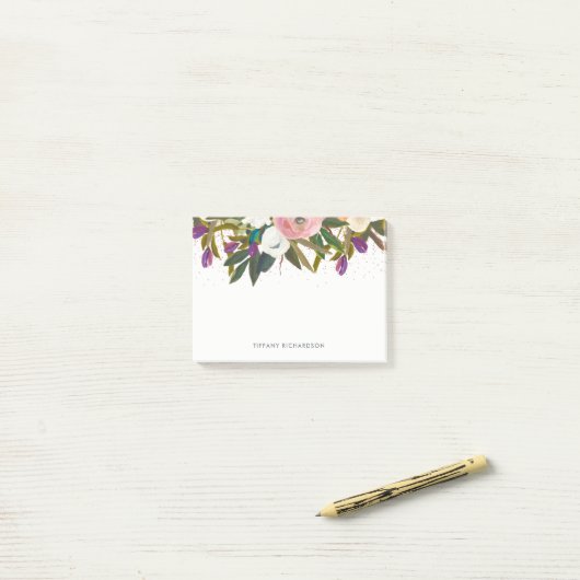 Waterverf bloemen en faux roze glitter post-it® notes (Op bureau)