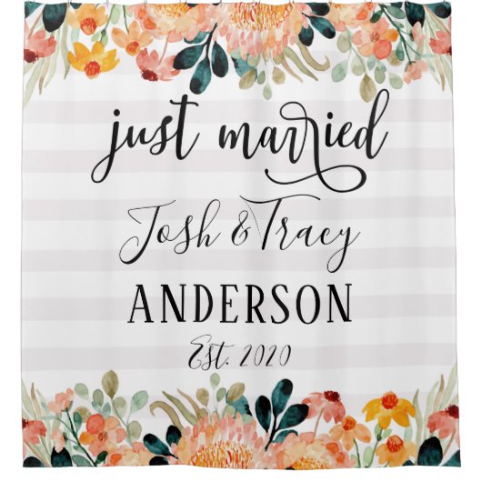 Waterverf bloemen en gestreept net getrouwd douchegordijn (Voorkant)