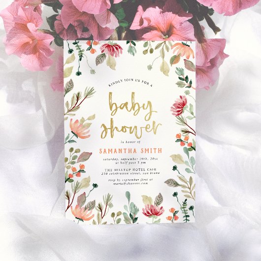 Waterverf bloemen en gouden Baby shower Kaart