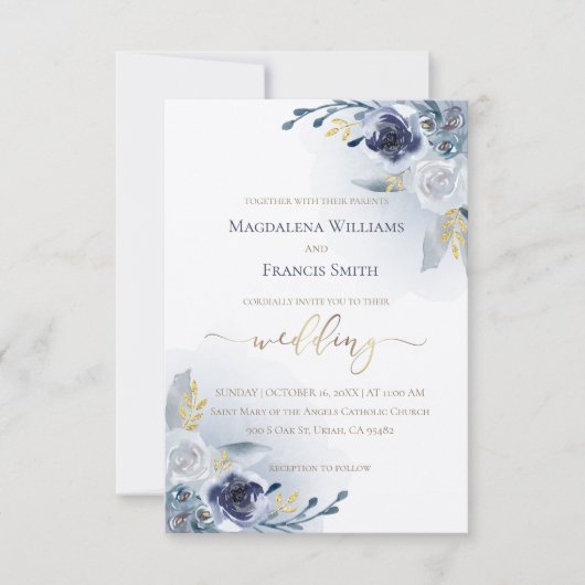 waterverf bloemen en gouden details bruiloft kaart (Voorkant)