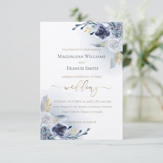 waterverf bloemen en gouden details bruiloft kaart (Staand voorkant)