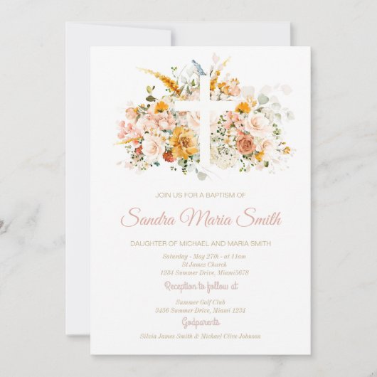 Waterverf bloemen en gouden doop uitnodiging (Voorkant)