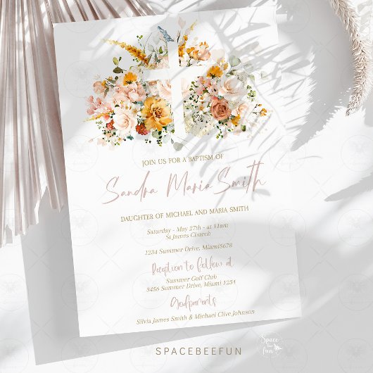 Waterverf bloemen en gouden doop uitnodiging