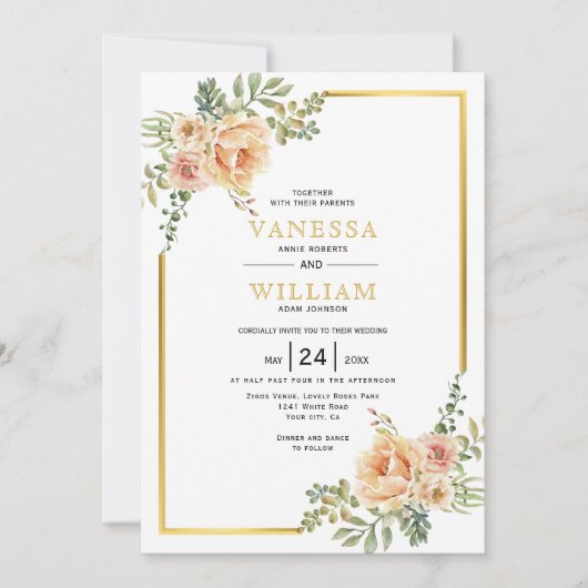 Waterverf bloemen en gouden lijst bloemenbruiloft kaart (Voorkant)