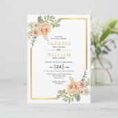 Waterverf bloemen en gouden lijst bloemenbruiloft kaart (Staand voorkant)