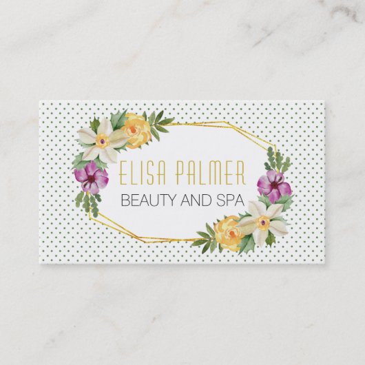 Waterverf bloemen en gouden veelhoeken visitekaartje (Voorkant)